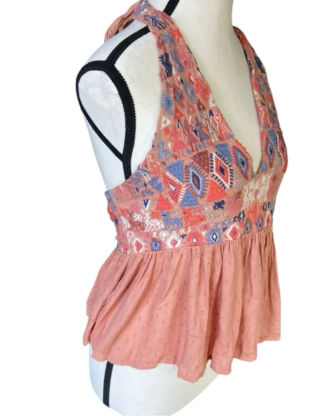 Free People Peruvian Paradise Halter Size S Embroidered Rusty Peach Hippie Boho